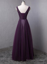 Dark Purple V-neckline Beaded Tulle Long Formal Dress, Purple Evening Dress